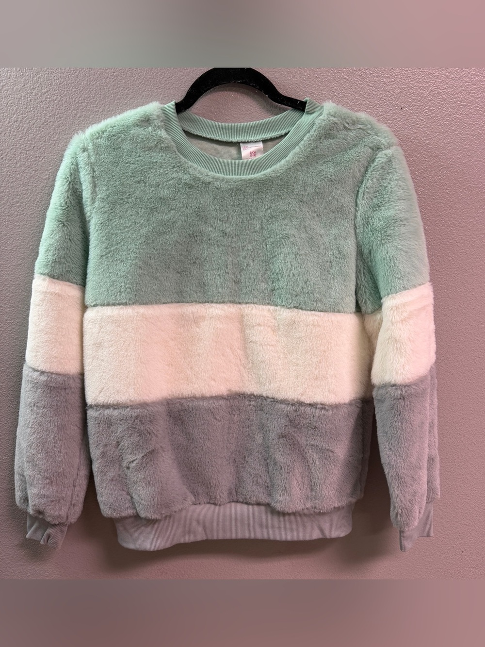 Cozy Colorblock Plush Sweater - Mint, Cream & Gray small